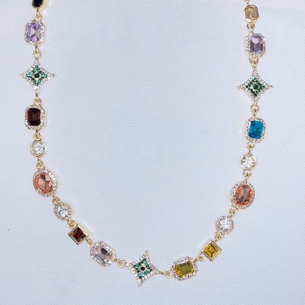 Multicolor Crystal Station Necklace - Gold Tone